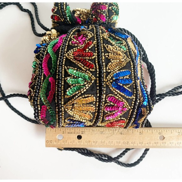 Vintage Malcolm Starr Double Drawstring Purse Bag Beaded Sequins Embellished DR1 - Picture 8 of 8